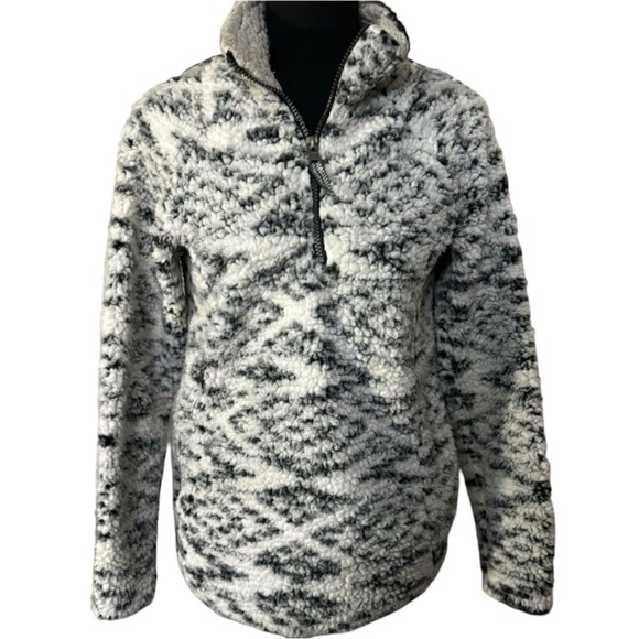 cozy sherpa Jackets & Blazers - COZY SHERPA womens black & white patterned quarter zip Sherpa fleece pullover